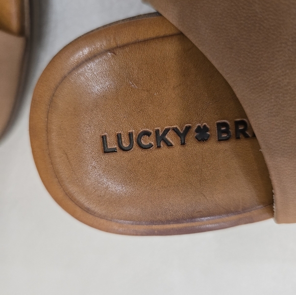 Lucky Brand RHAZY Tan Warm Brown Peep-Toe Slingback Heels Sandals Mules Size 9.5 - Picture 5 of 11